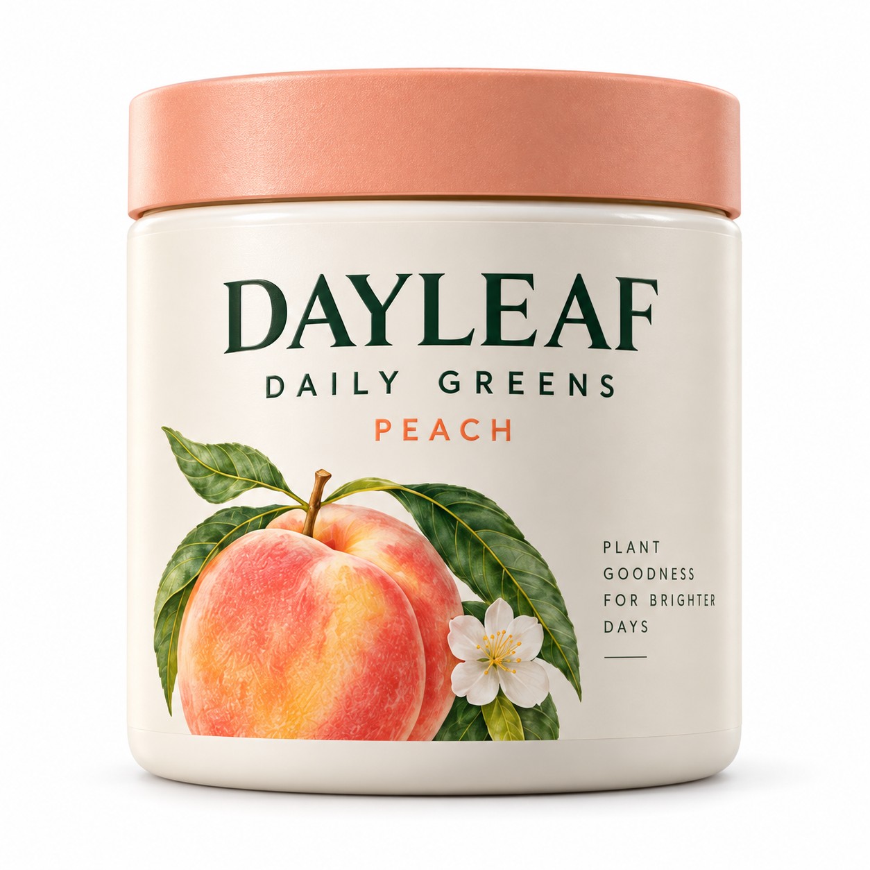 Dayleaf Daily Greens peach flavor jar, hero product photo