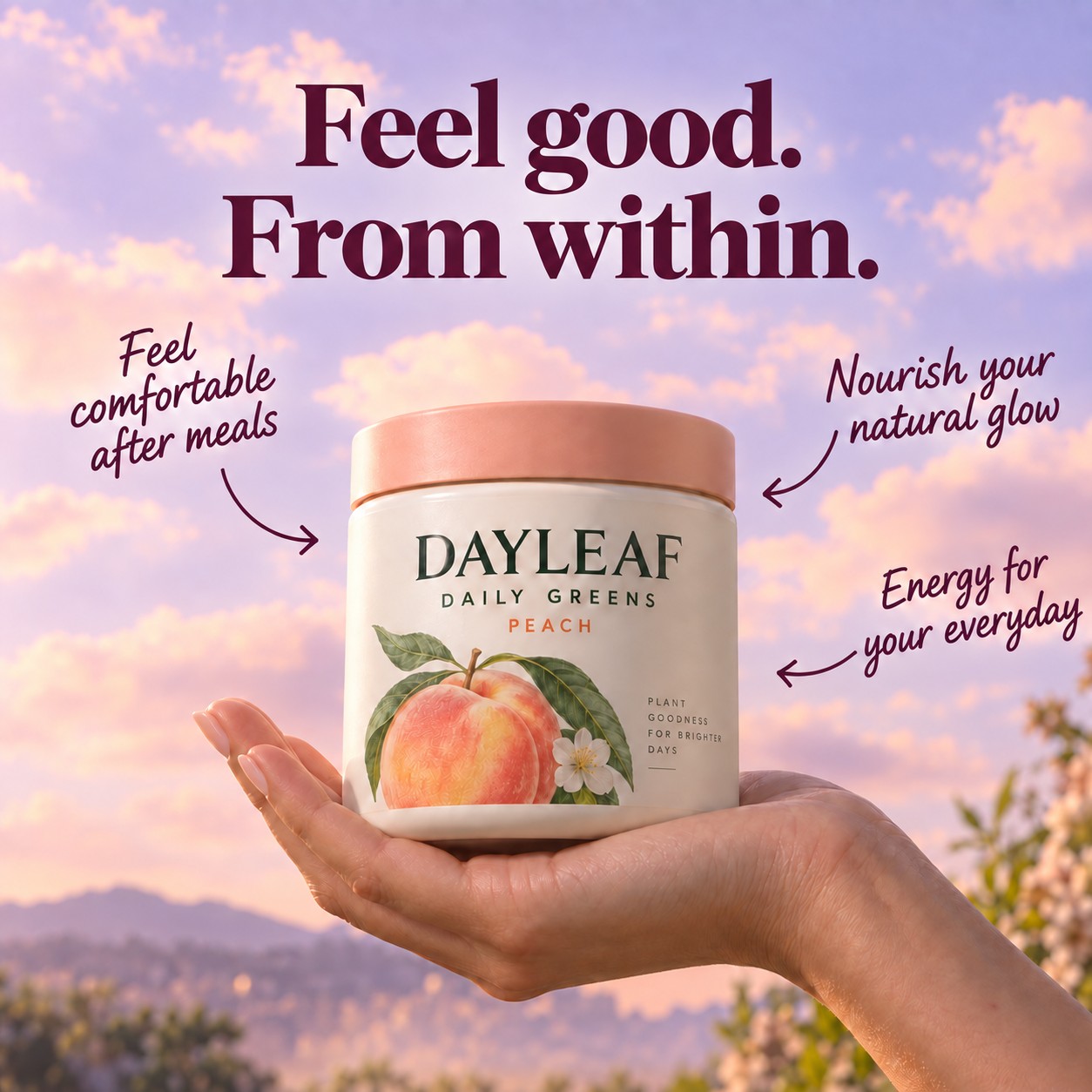 Hand holding Dayleaf jar with benefit callouts for comfort, glow, and energy