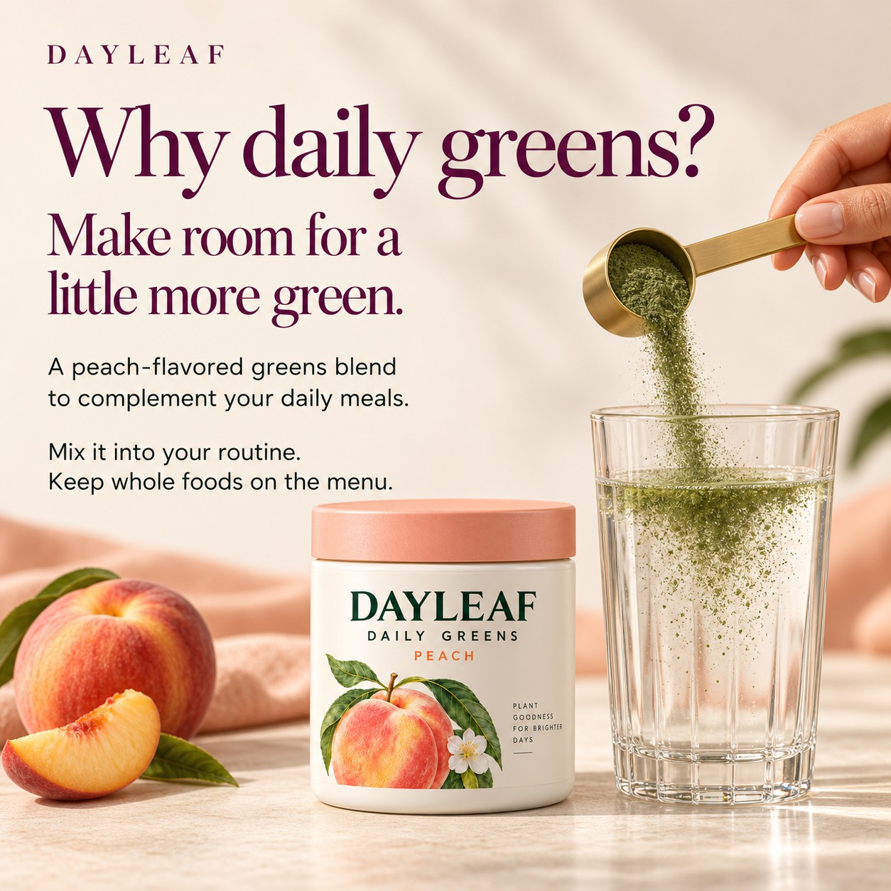 Dayleaf greens powder being poured into a glass of water