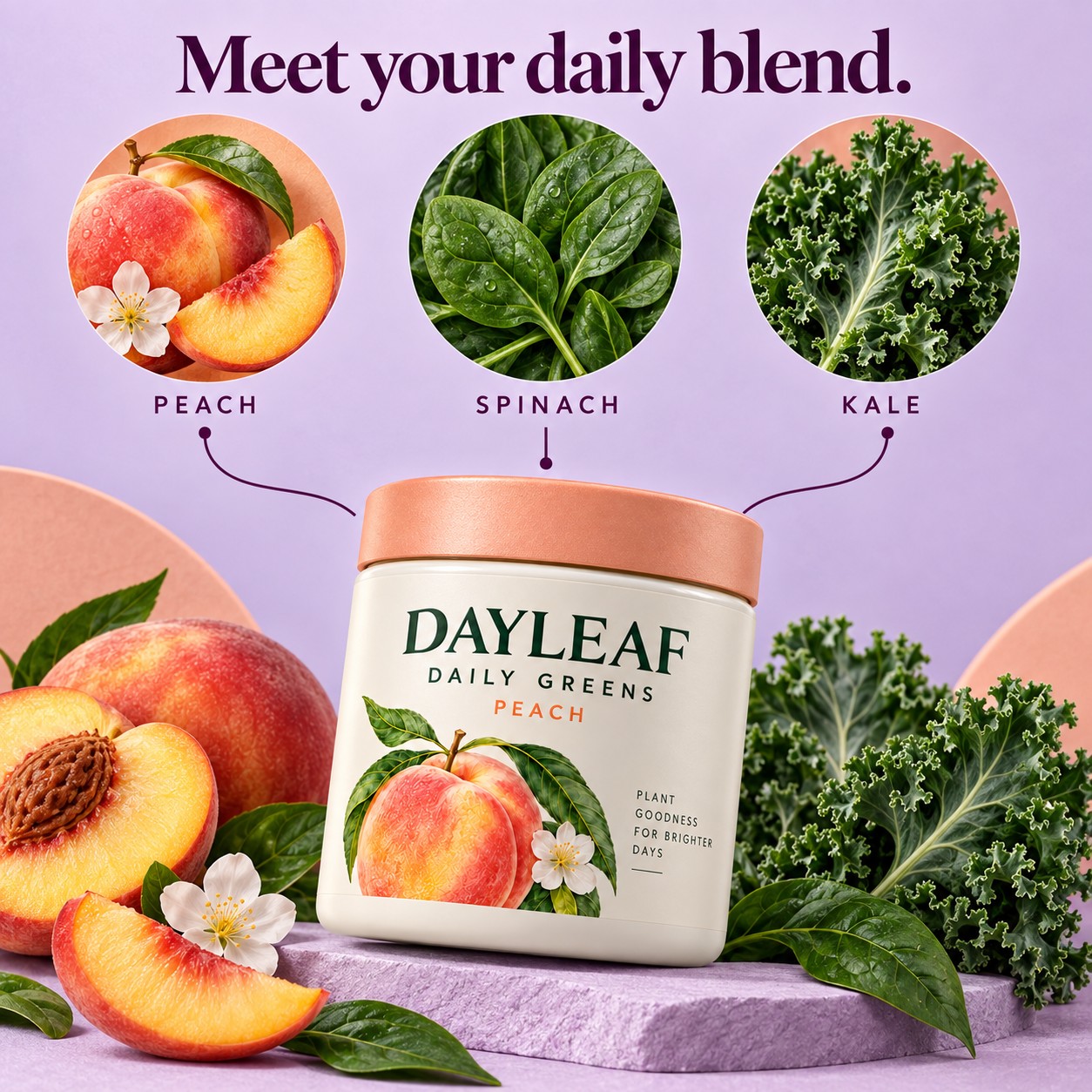 Dayleaf ingredient blend: peach, spinach, and kale