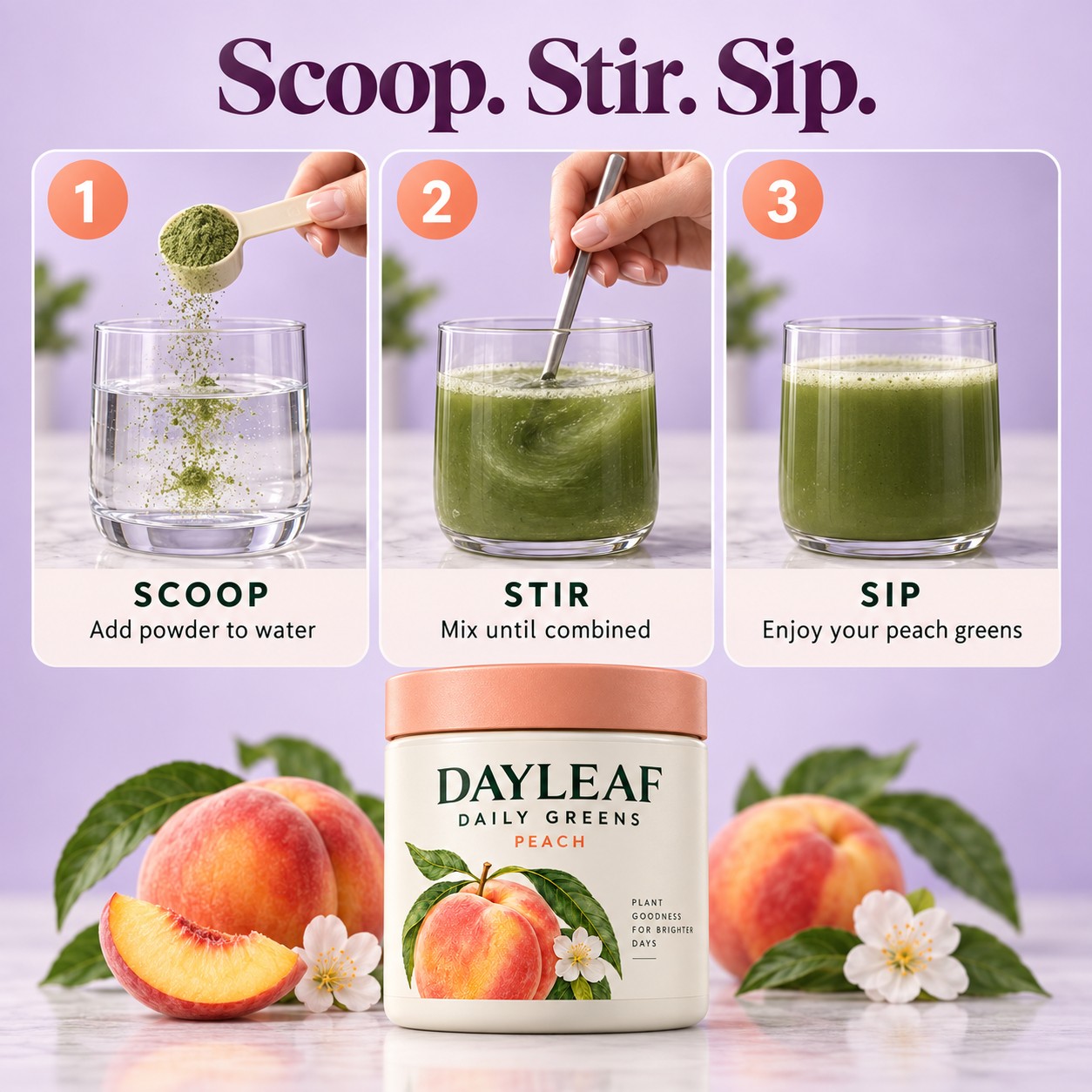 Three-step scoop, stir, sip instructions for Dayleaf greens