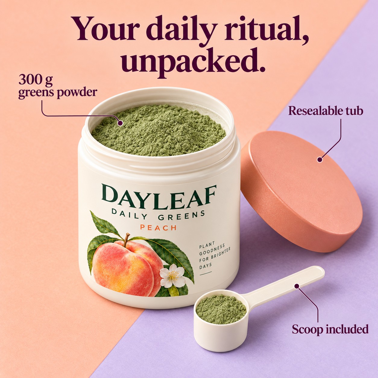 Dayleaf jar opened showing 300 gram greens powder fill and included scoop