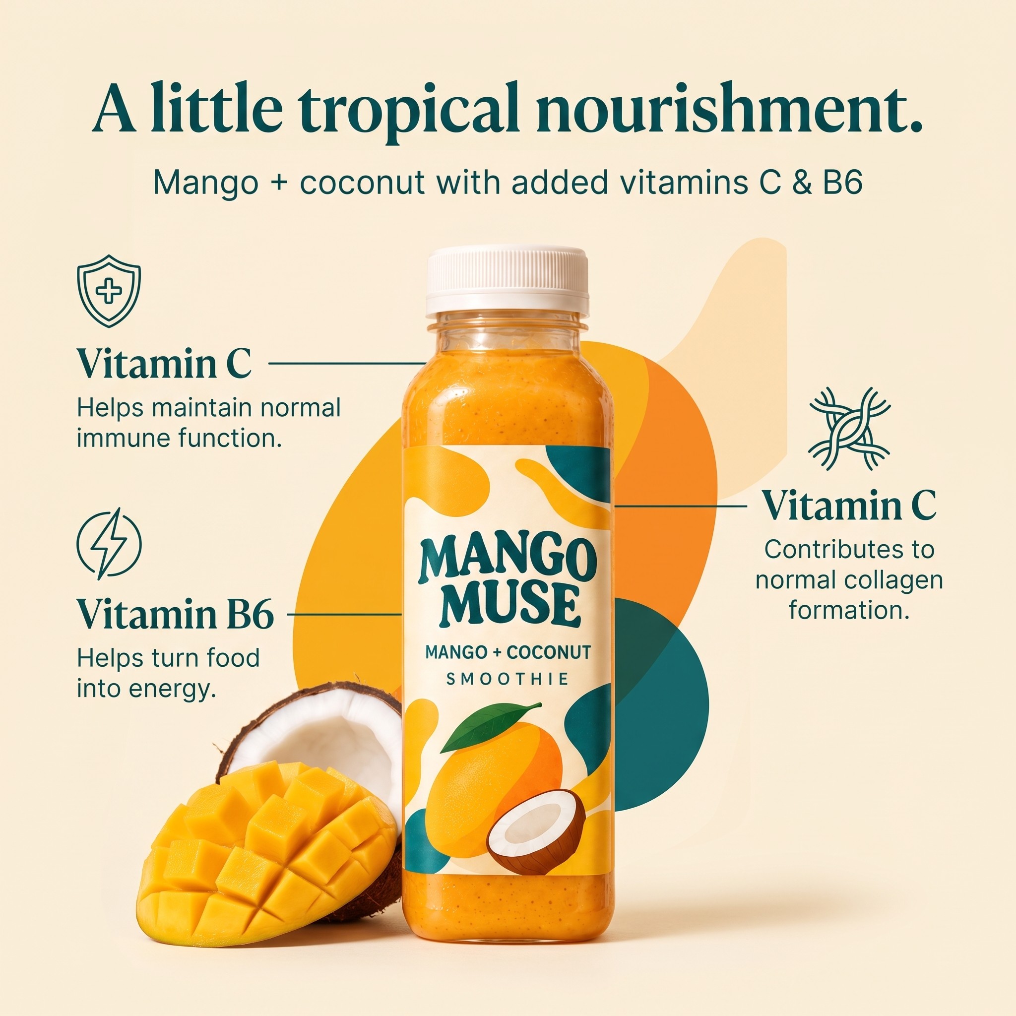 Mango Muse vitamin C and B6 ingredient callouts with fresh mango and coconut