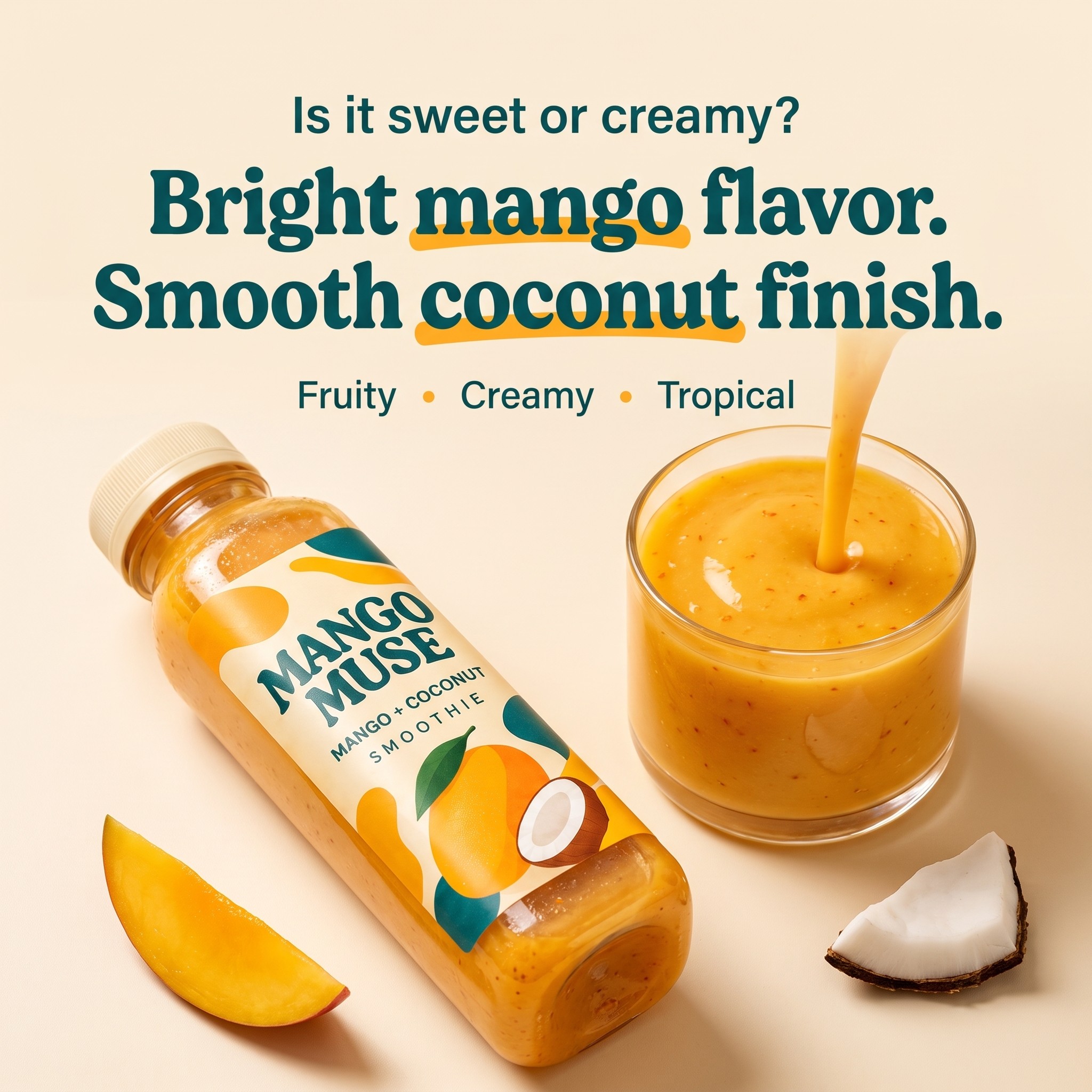 Mango Muse smoothie poured into a glass showing sweet, creamy texture