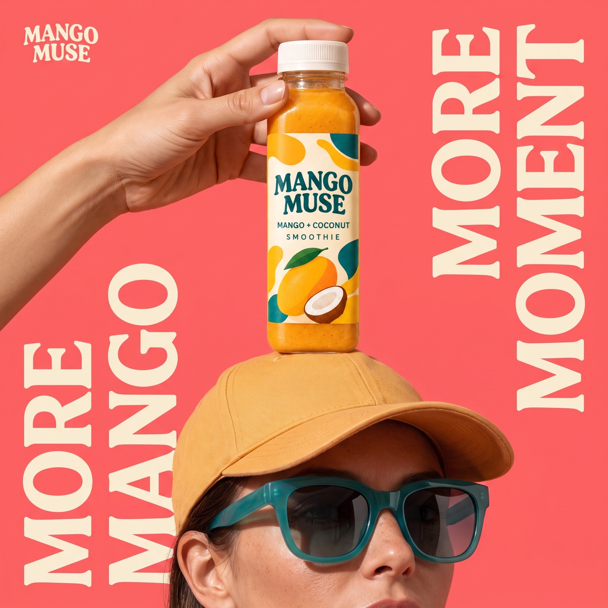 Mango Muse bottle balanced playfully on a baseball cap