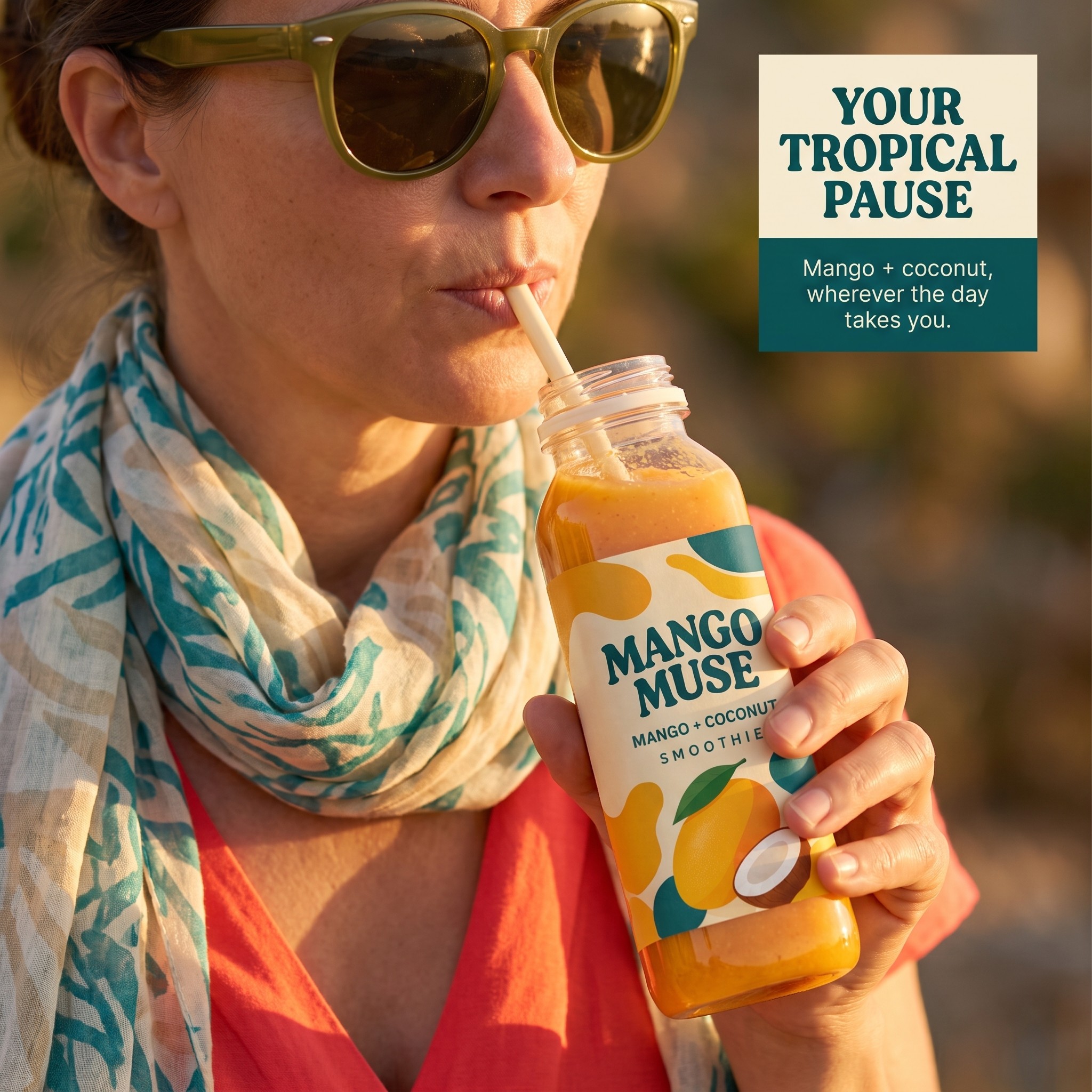 Woman drinking Mango Muse smoothie through a straw outdoors