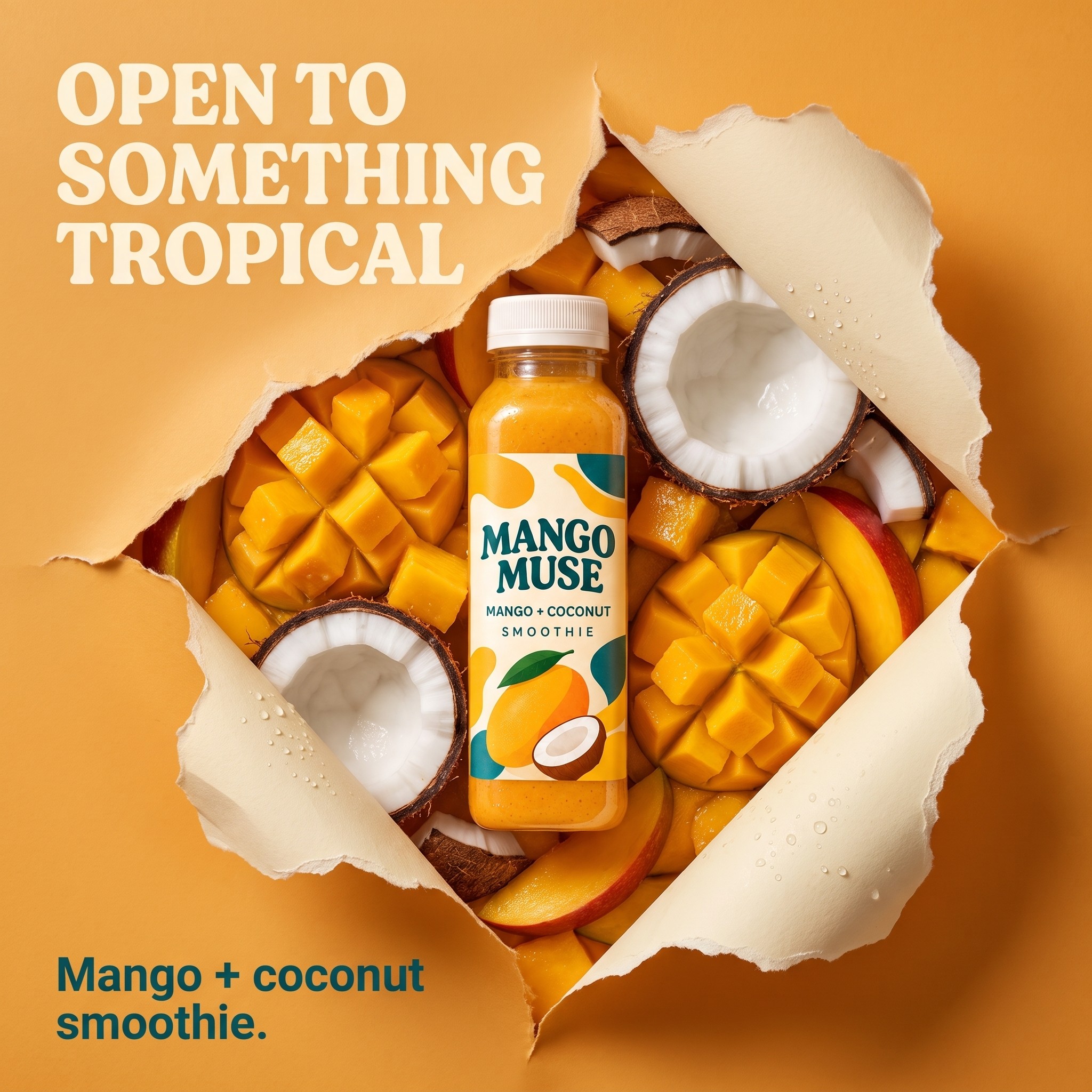 Mango Muse bottle surrounded by fresh mango, coconut, and peach
