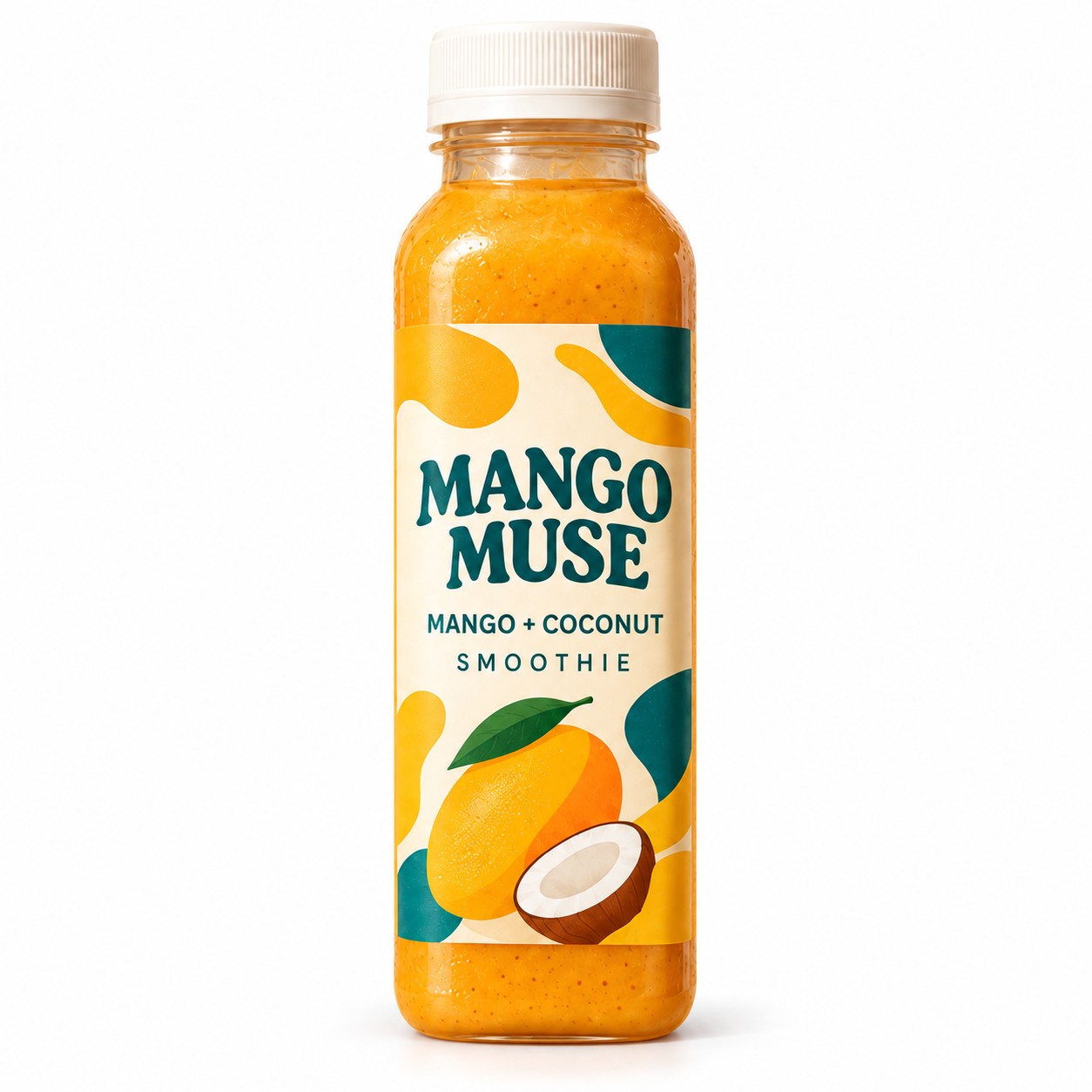 Mango Muse mango and coconut smoothie bottle, hero product photo on white background