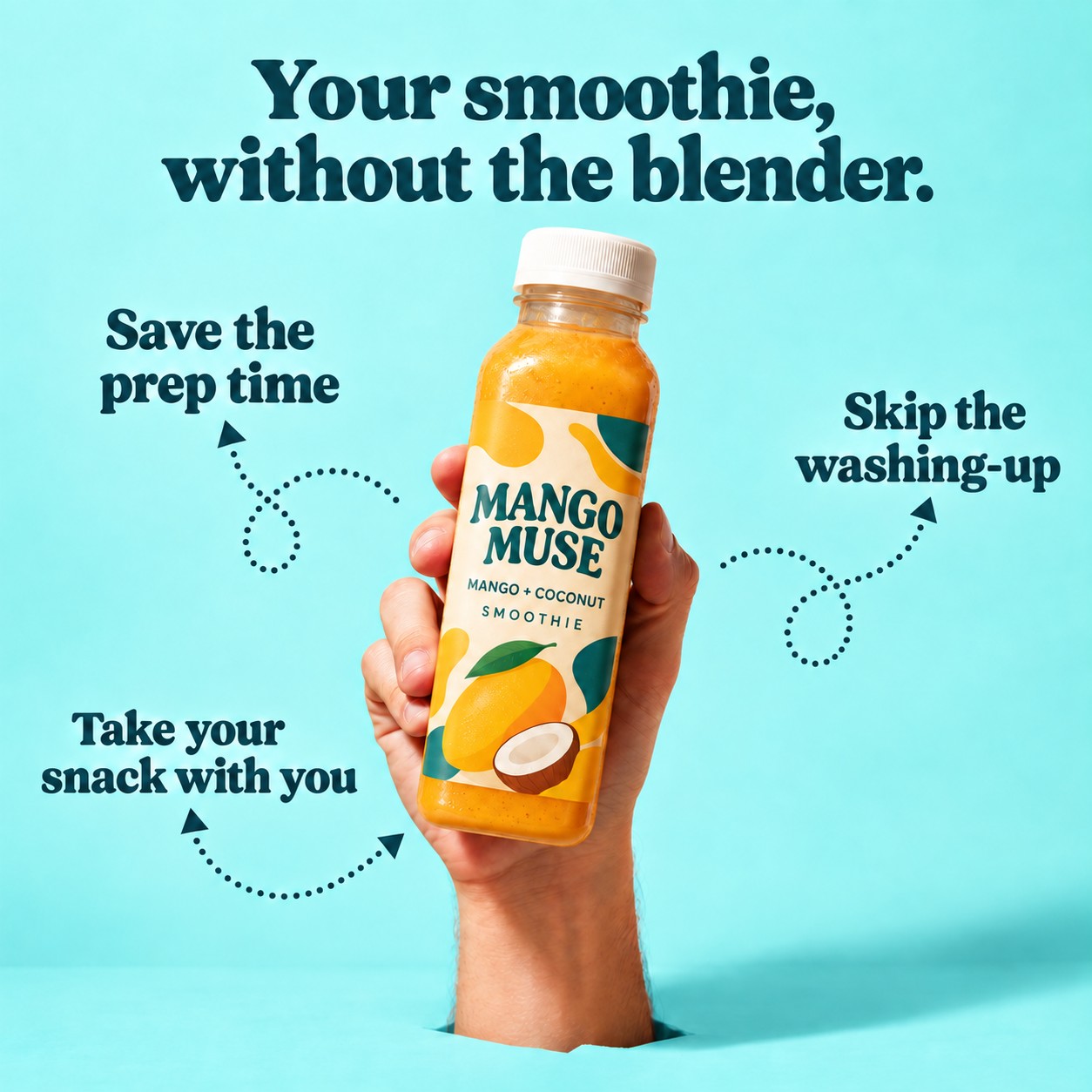 Hand holding Mango Muse bottle with benefit callouts for convenience
