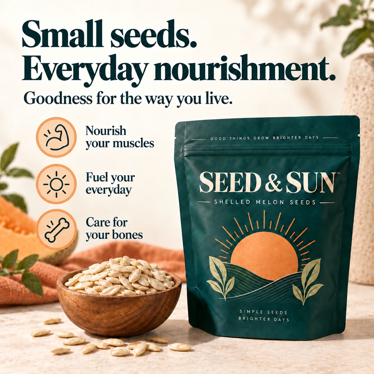 Bowl of melon seeds with benefit icons for muscles, energy, and bones