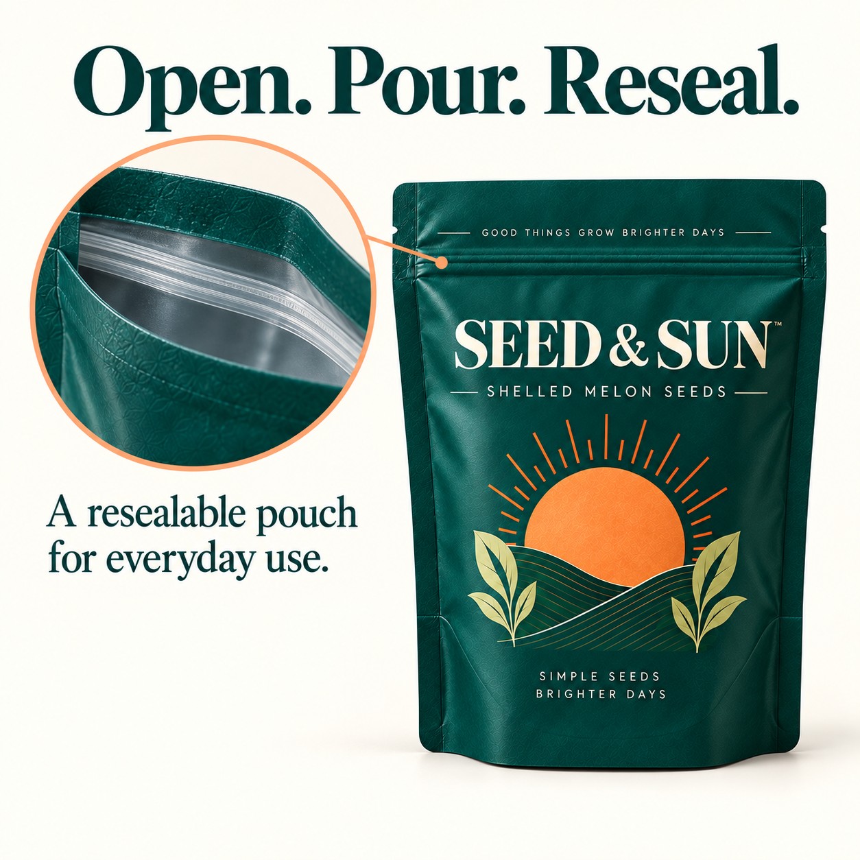 Close-up of Seed & Sun resealable zip pouch