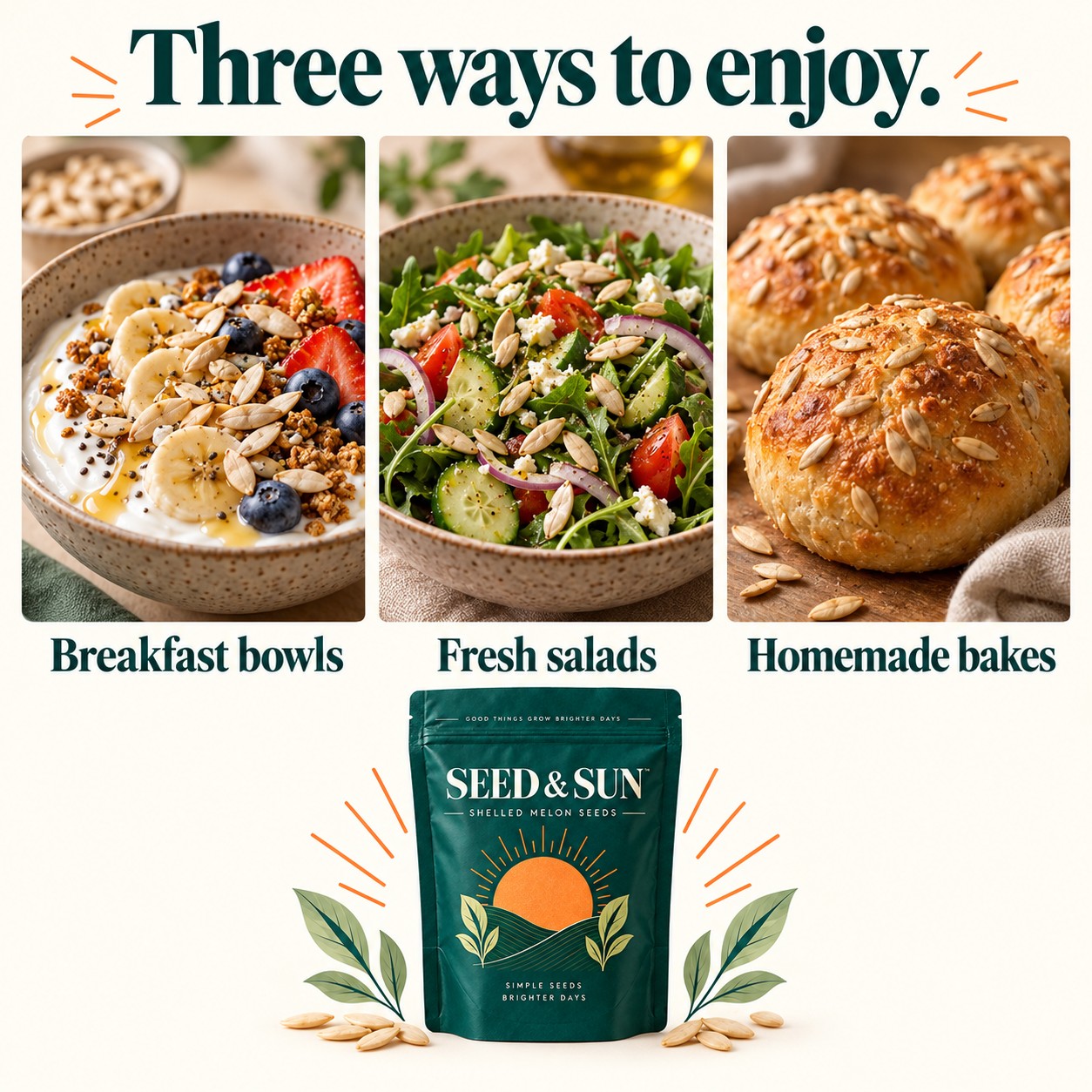 Three ways to enjoy Seed & Sun: breakfast bowls, salads, and baked bread