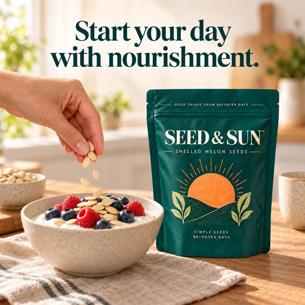 Hand sprinkling melon seeds onto a yogurt and berry bowl