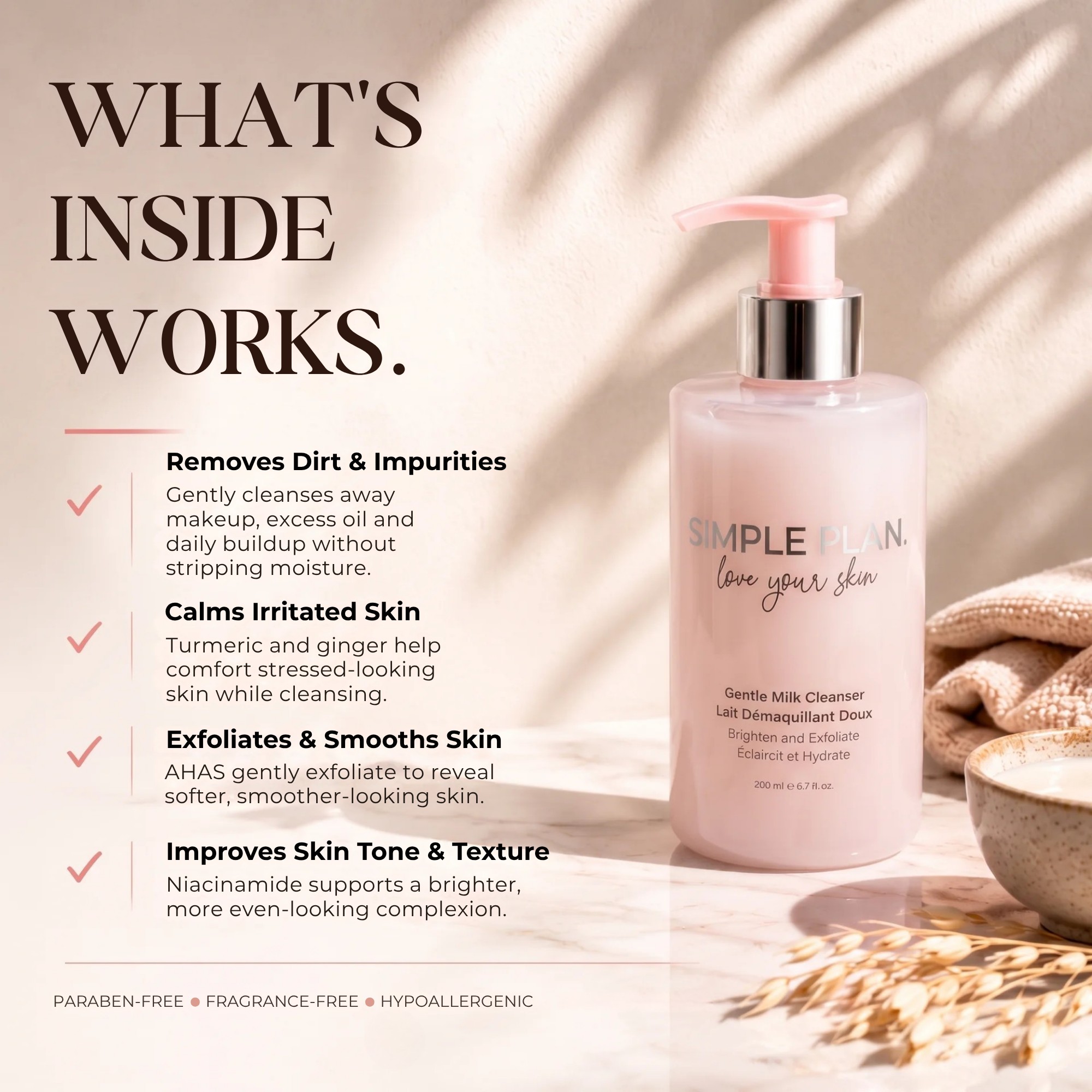 Simple Plan Gentle Milk Cleanser ingredient benefits: turmeric, niacinamide