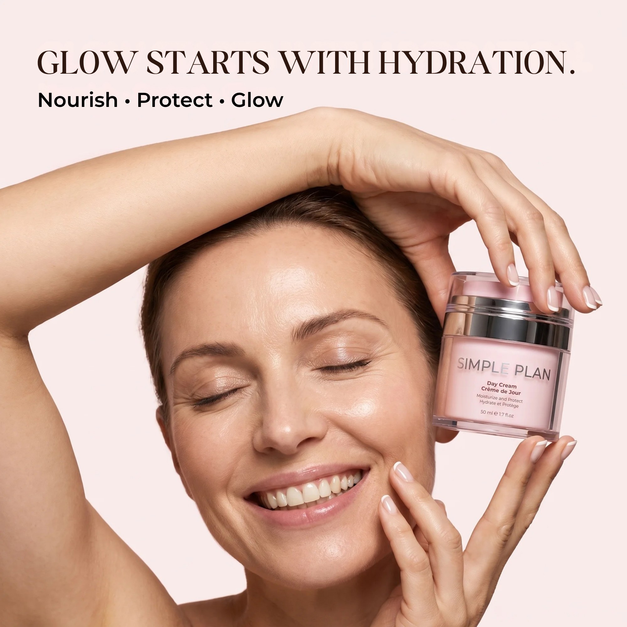 Woman holding Simple Plan Day Cream to her face