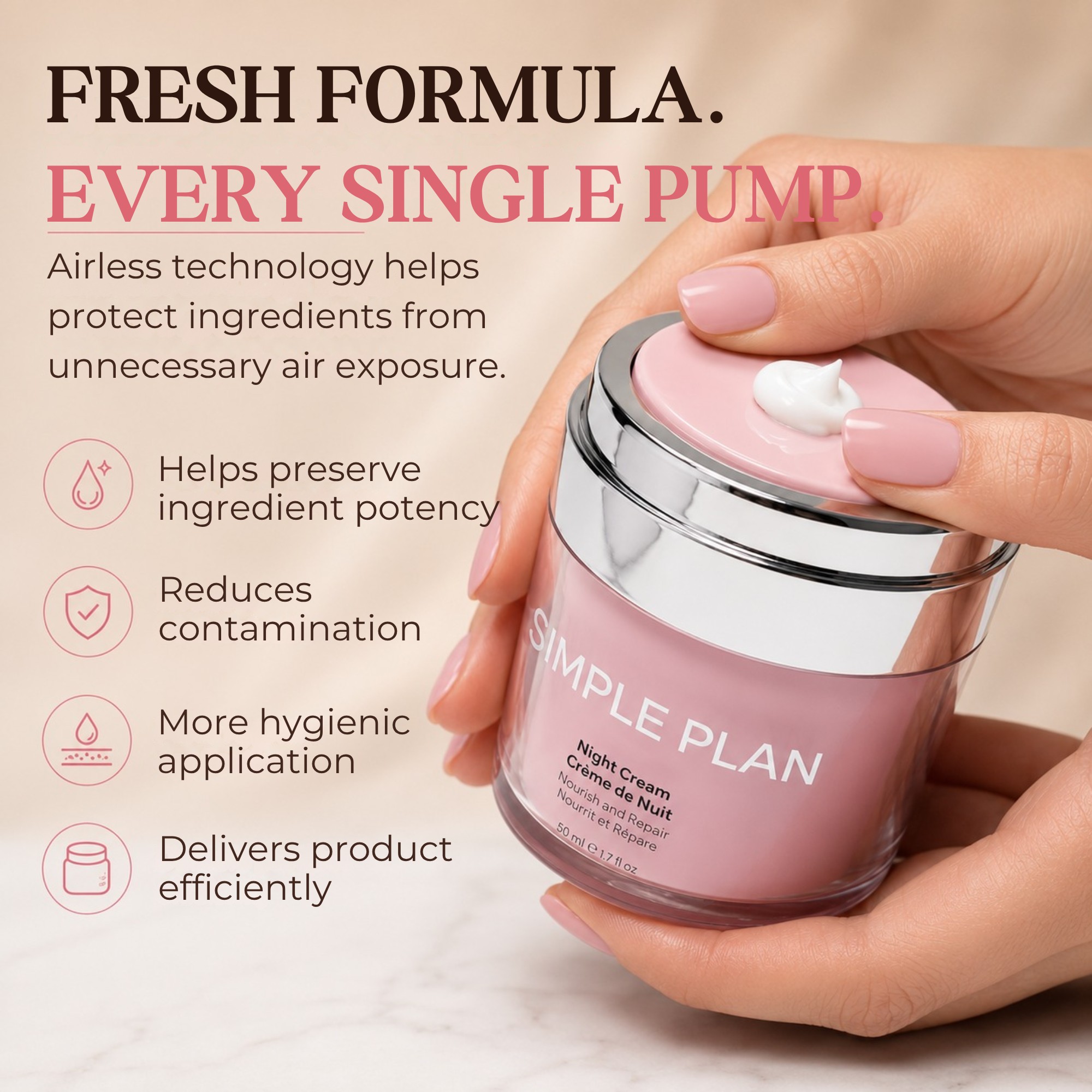 Simple Plan Night Cream airless pump technology callout