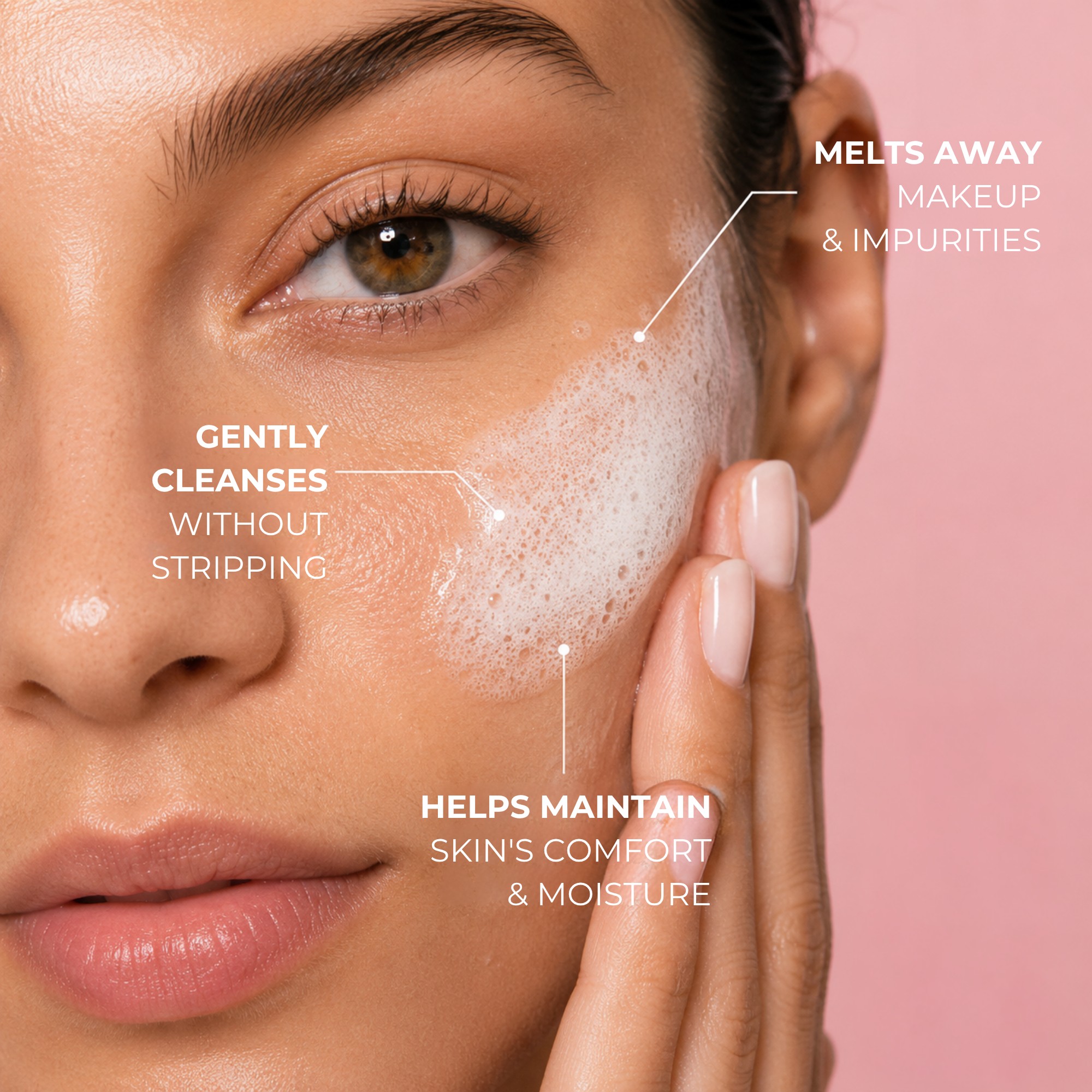 Close-up of Simple Plan cleanser foam being applied to skin
