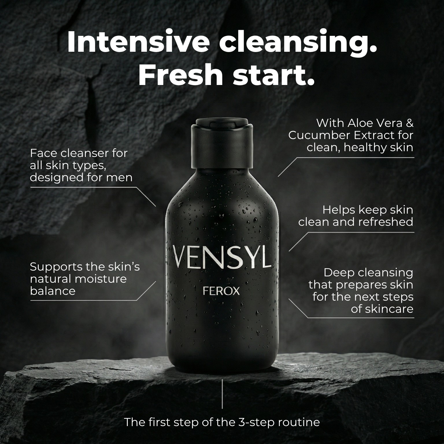 Vensyl Ferox ingredient callouts including aloe vera and cucumber extract