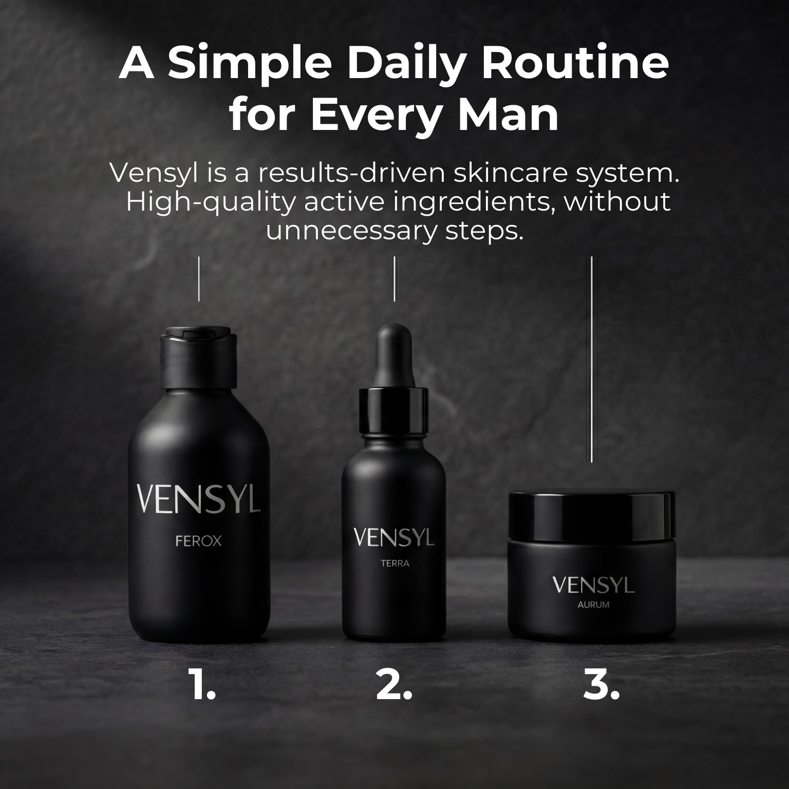 Vensyl three-step skincare routine: Ferox, Terra, and Aurum